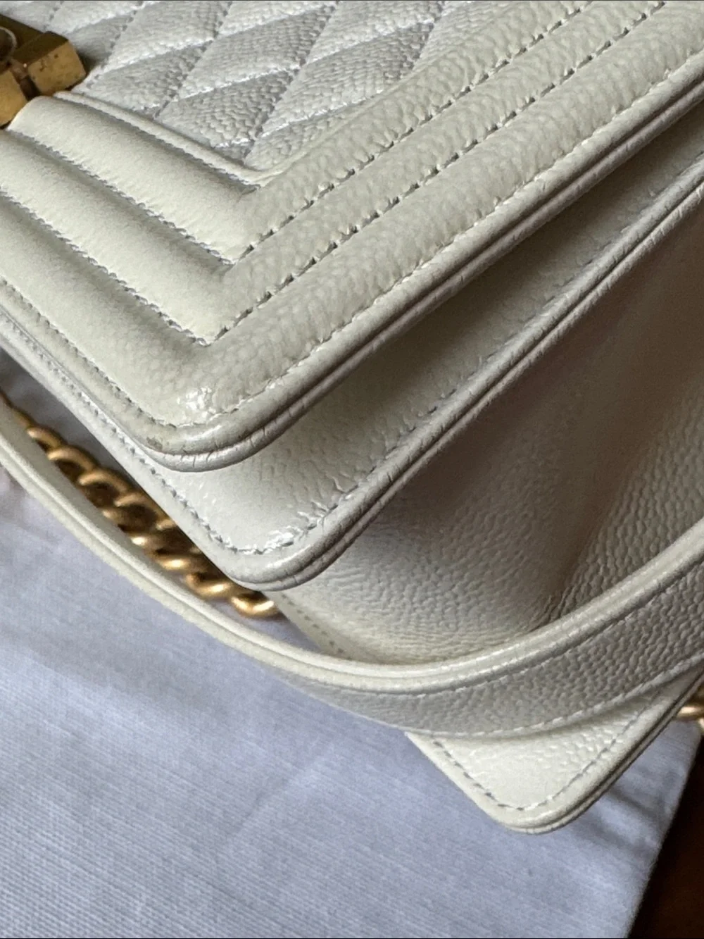 CHANEL Off White  Quilted Boy Shoulder Bag with Gold Hardware